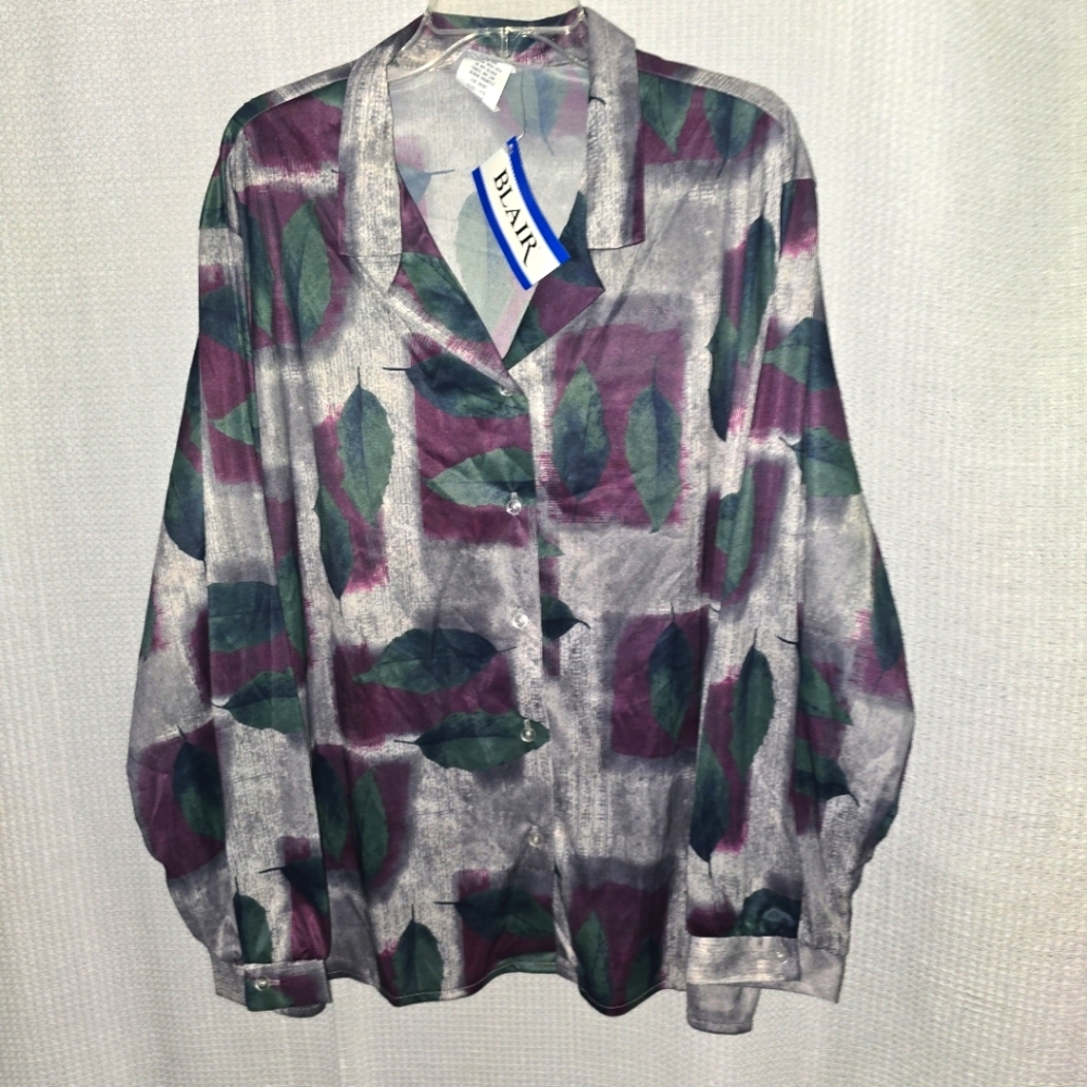 Vintage Blair Semi Sheer Leaf Print Blouse NWT 3X V-Neck Collar 100% Polyester